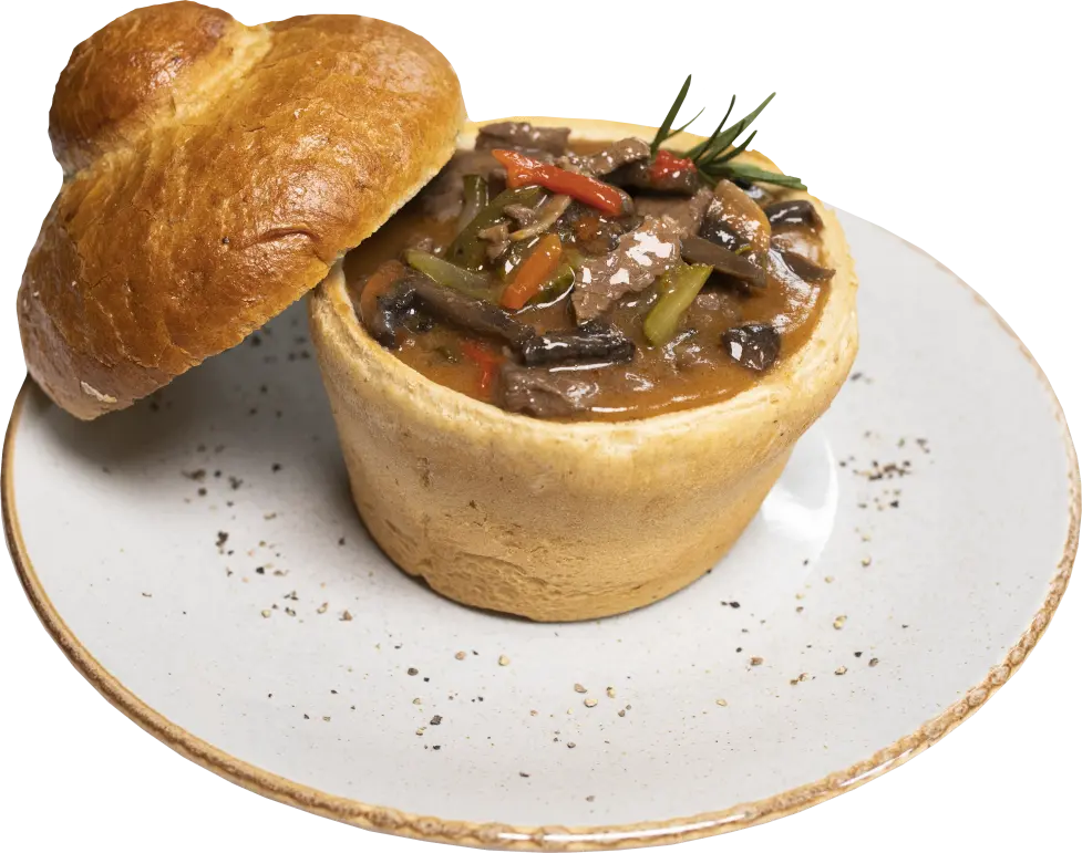 Deer Stroganoff in a bread bowl